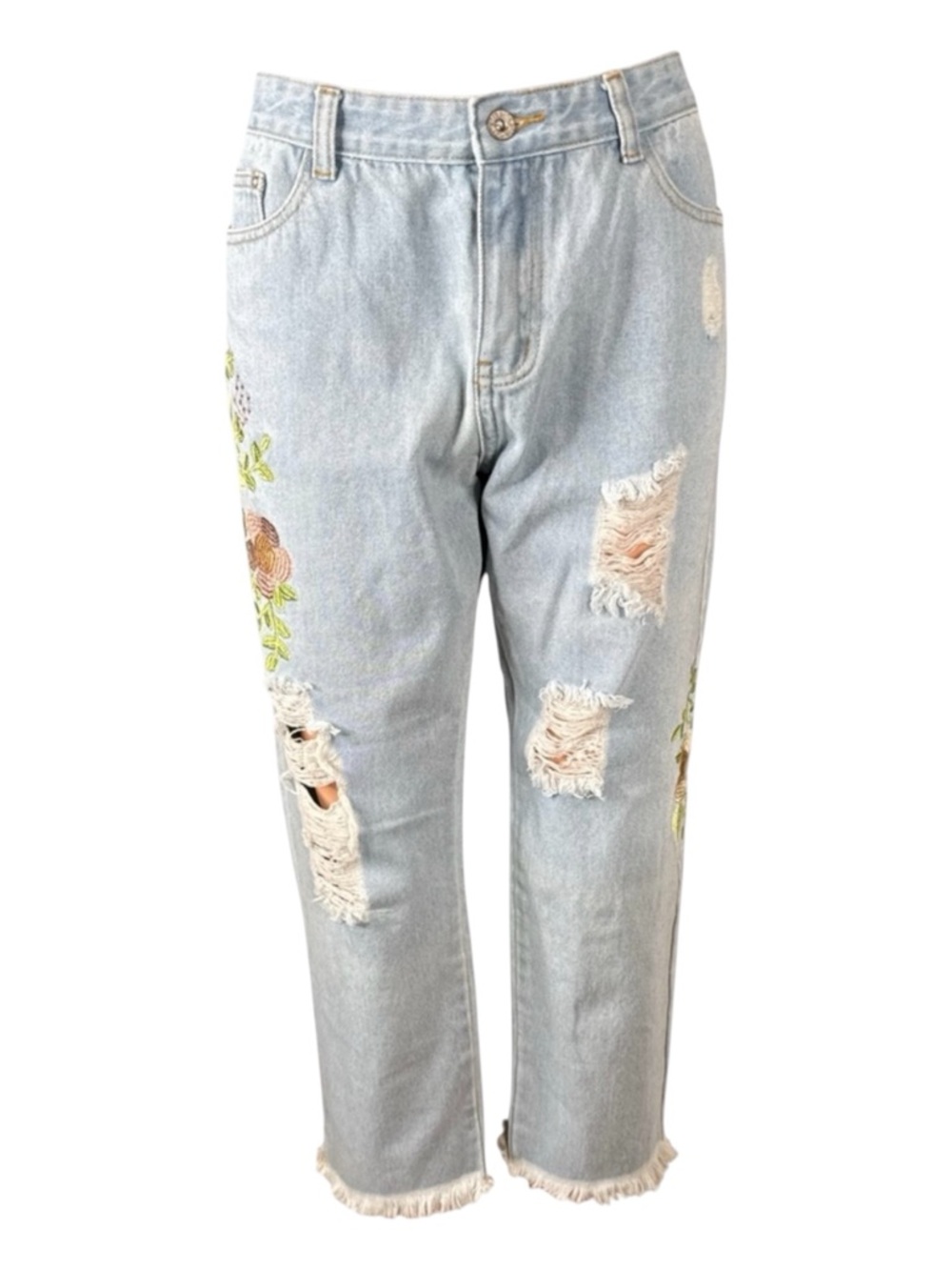 POL Cropped Distressed Embroidered Denim Jeans, Size L.
